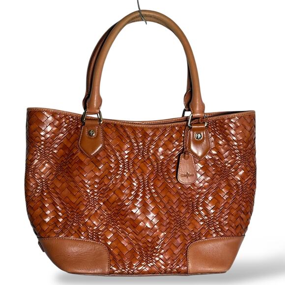 Cole Haan Leather Tote Bag Cognac Brown Basketweave Woven Top Handle - Picture 1 of 16
